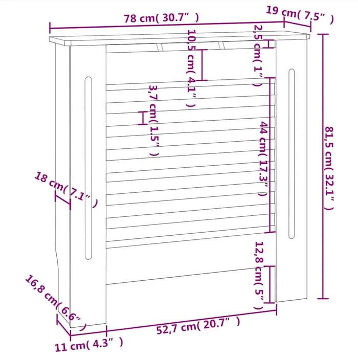 Dimensions of a wooden shoe rack with measurements in centimeters and inches.