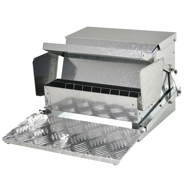 Galvanized steel automatic poultry feeder with divided feeding tray and hinged lid