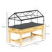 Raised wooden garden bed with transparent black-framed cold frame roof and ventilation, dimensions shown