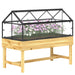 Raised wooden garden bed with black metal frame and transparent roof, filled with pink and white flowering plants