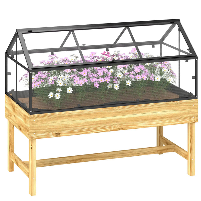 Raised garden bed with natural wood frame and clear polycarbonate roof housing pink and white flowers