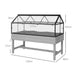 Raised garden bed with grey wood base and transparent cover, measuring 120x60x103cm, with detailed dimensions