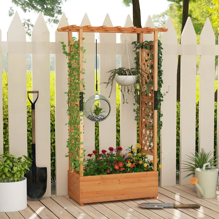 wooden raised garden bed with trellis climbing plants, hanging planters, outdoor patio with white fence and gardening tools