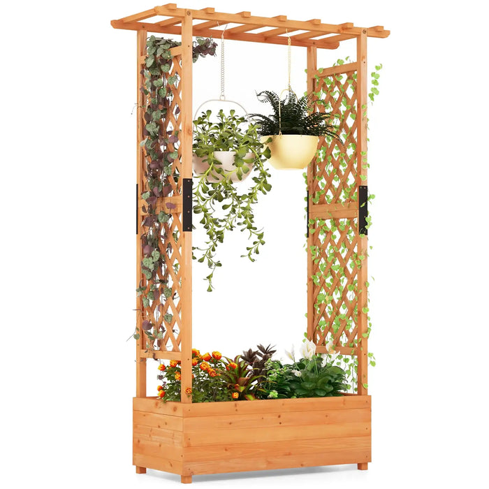 Wooden raised garden bed with trellis and hanging planters filled with climbing plants and flowers