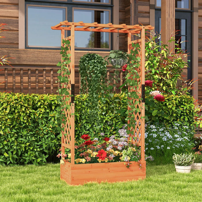 Wooden raised garden bed with trellis and hanging plants in a vibrant outdoor garden setting