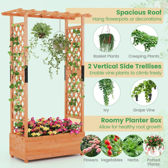 Wooden raised garden bed with vertical trellises, hanging plants, and colorful flowers in roomy planter box