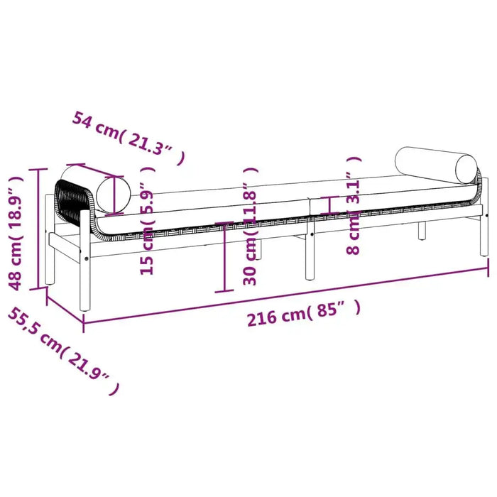 Diagram of rattan garden bench with cushion, showing detailed dimensions in cm and inches.
