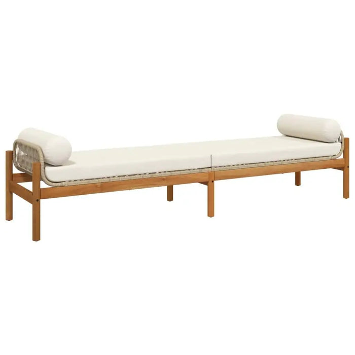 Rattan garden bench with acacia wood frame, cream white cushion and bolster pillows