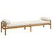 Rattan garden bench with acacia wood frame, cream white cushion and bolster pillows