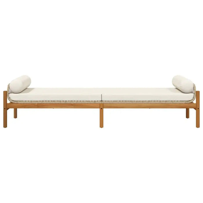 Rattan garden bench with powder-coated steel, acacia wood frame, and cream white cushion