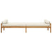 Rattan garden bench with powder-coated steel, acacia wood frame, and cream white cushion