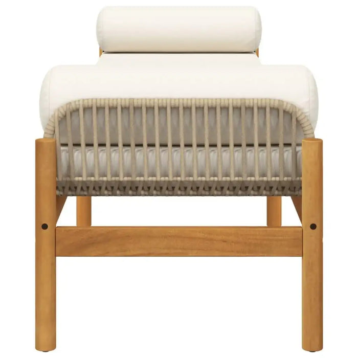 Rattan garden bench with cream cushion, acacia wood legs, powder-coated steel frame