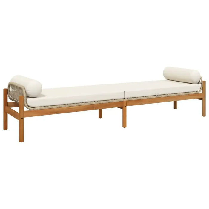 Rattan garden bench with powder-coated steel, acacia wood, cream white cushion and bolster pillows