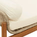 Close-up of rattan garden bench with acacia wood, cream white cushion and pillow