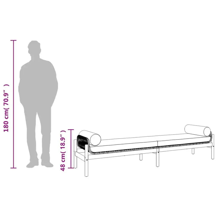 Rattan garden bench with cream cushion, height comparison to 180cm person, 48cm seat height