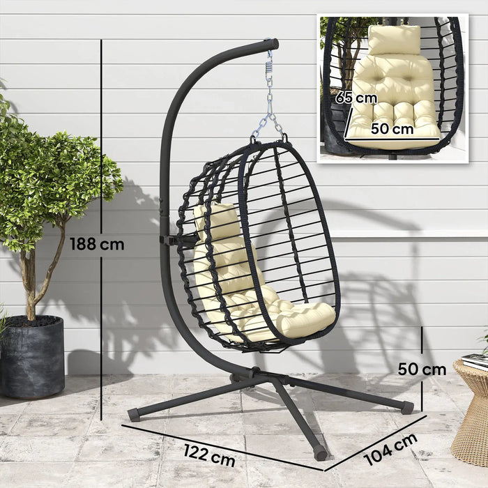 Rattan Hanging Egg Chair with Cream White Cushions - Little and Giant Explorers Outsunny
