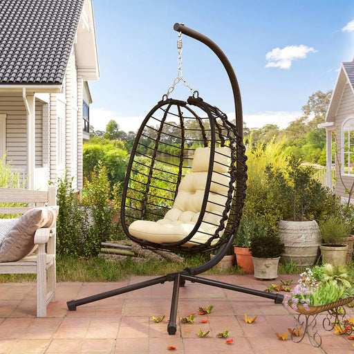 Rattan Hanging Egg Chair with Cream White Cushions - Little and Giant Explorers Outsunny
