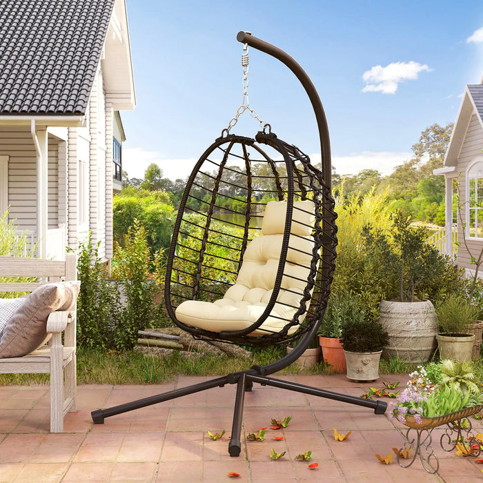 Rattan Hanging Egg Chair with Cream White Cushions - Little and Giant Explorers Outsunny