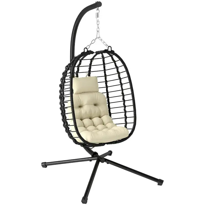 Rattan Hanging Egg Chair with Cream White Cushions - Little and Giant Explorers Outsunny