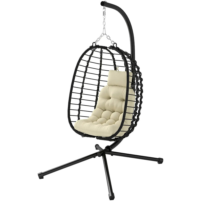 Rattan Hanging Egg Chair with Cream White Cushions - Little and Giant Explorers Outsunny