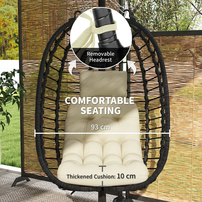 Rattan Hanging Egg Chair with Cream White Cushions - Little and Giant Explorers Outsunny