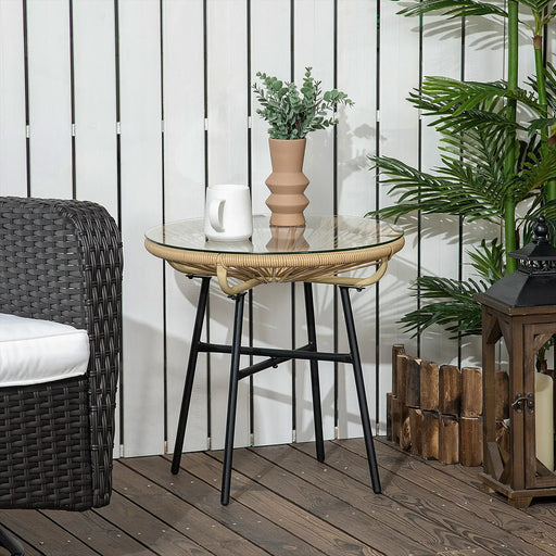 Rattan Side Table with Tempered Glass Tabletop - Little and Giant Explorers Outsunny