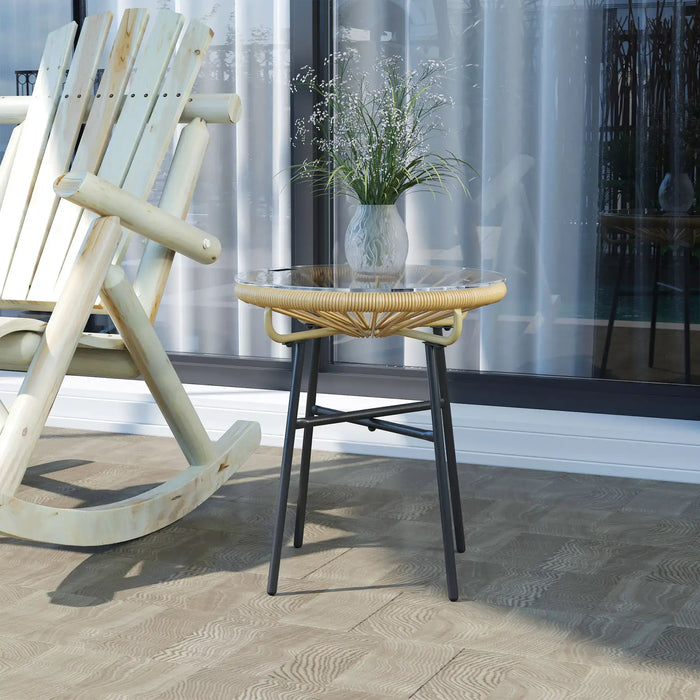 Rattan Side Table with Tempered Glass Tabletop - Little and Giant Explorers Outsunny