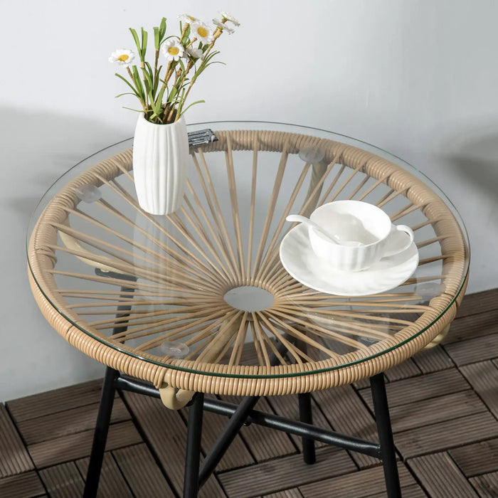 Rattan Side Table with Tempered Glass Tabletop - Little and Giant Explorers Outsunny