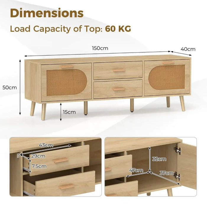 Natural wood TV stand with rattan cabinet doors, two drawers, 150cm wide, 50cm high, 40cm deep