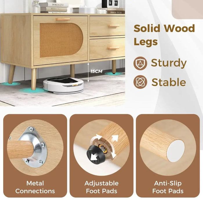 Natural wood TV stand with cabinet and drawers, solid wood legs, adjustable and anti-slip foot pads