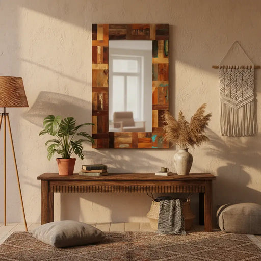 Nest living room with wooden console table, mirror, and decor items.