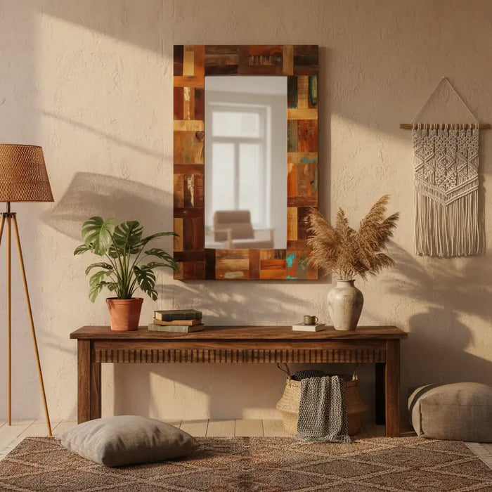 Nest living room with wooden console table, mirror, and decor items.