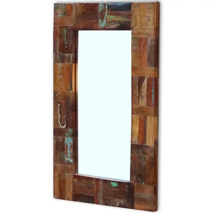 Rectangular mirror with a wooden frame made from recycled materials on a white background