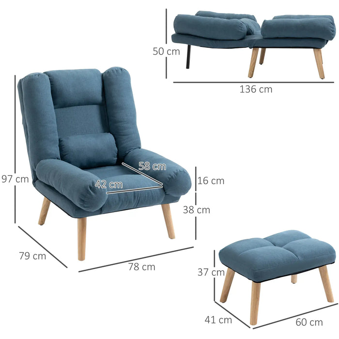 Recliner Chair and Ottoman Set – Blue | 3-Position Adjustable Back - Wooden Legs HOMCOM - Little and Giant Explorers