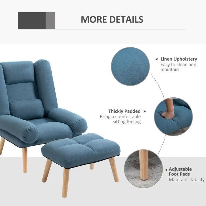 Recliner Chair and Ottoman Set – Blue | 3-Position Adjustable Back - Wooden Legs HOMCOM - Little and Giant Explorers