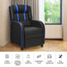 Black recliner chair with blue accents in a room with a window.