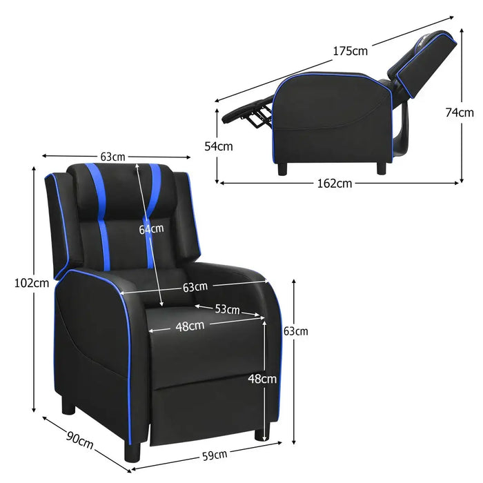 Black recliner chair with blue accents and dimensions labeled on a white background