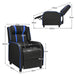 Black recliner chair with blue accents and dimensions labeled on a white background