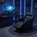 Gaming setup with recliner chair, desk, and computer monitor in a dark room with blue lighting.