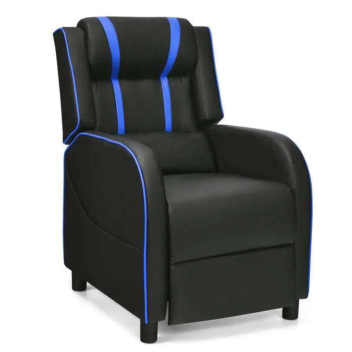 Black recliner chair with blue accents on a white background