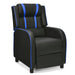 Black recliner chair with blue accents on a white background