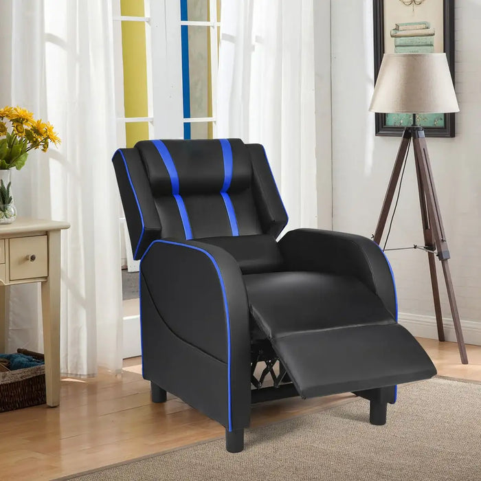 Black recliner chair with blue accents in a living room setting