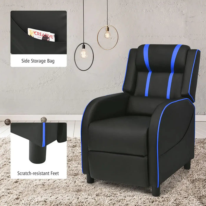 Black recliner chair with blue accents on a carpeted floor, featuring scratch-resistant feet and a side storage bag.