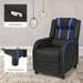 Black recliner chair with blue accents on a carpeted floor, featuring scratch-resistant feet and a side storage bag.