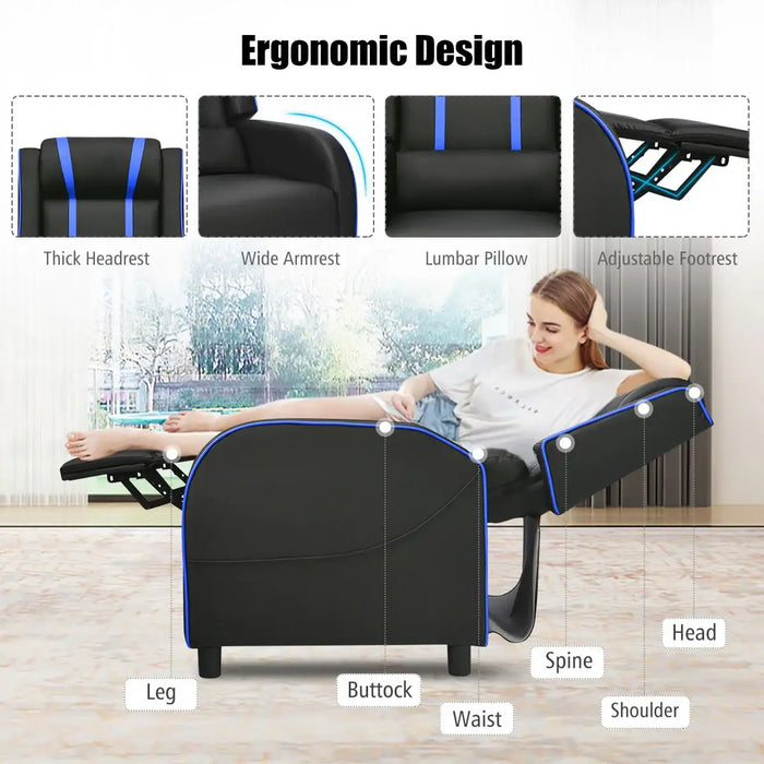 Ergonomic chair with labeled parts and a woman relaxing on it.