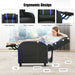 Ergonomic chair with labeled parts and a woman relaxing on it.