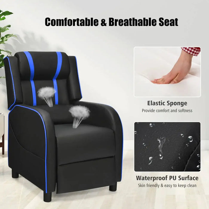 Black recliner chair with blue accents, featuring text on comfort, elasticity, and waterproof surface.
