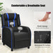 Black recliner chair with blue accents, featuring text on comfort, elasticity, and waterproof surface.