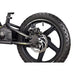 Close-up of 16-inch black wheel with disc brake on kids' electric balance bike