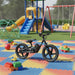 Blue 21V kids electric balance bike with 16-inch wheels on playground near slides and swings